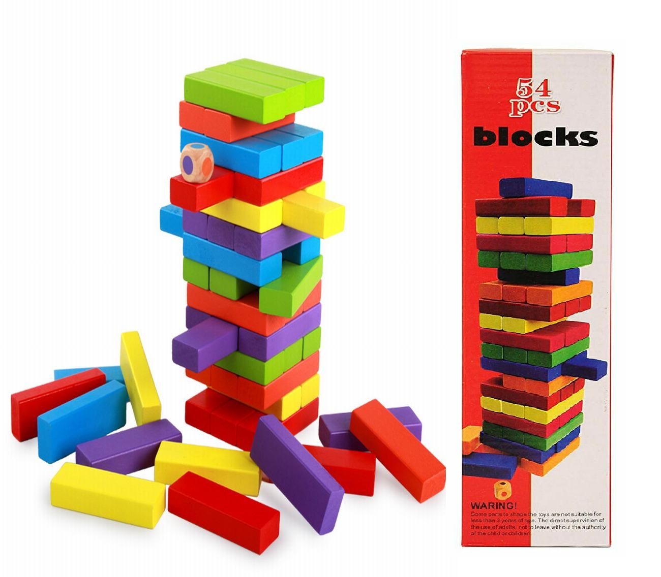 54pcs Wooden Stacking and Tumbling Timbers Color Tower Jenga Game