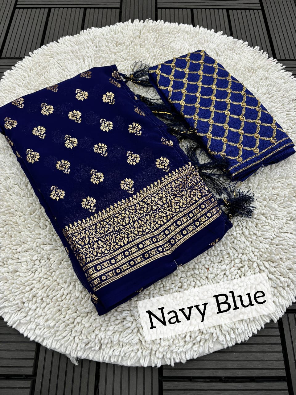 Navy Blue Foil Print Georgette