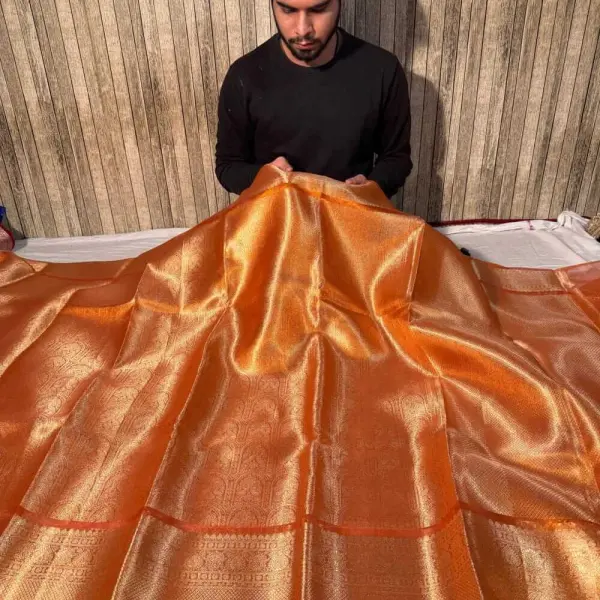 Metallic Orange Premium Kanjivaram Brocade Tissue Silk Banarasi Saree