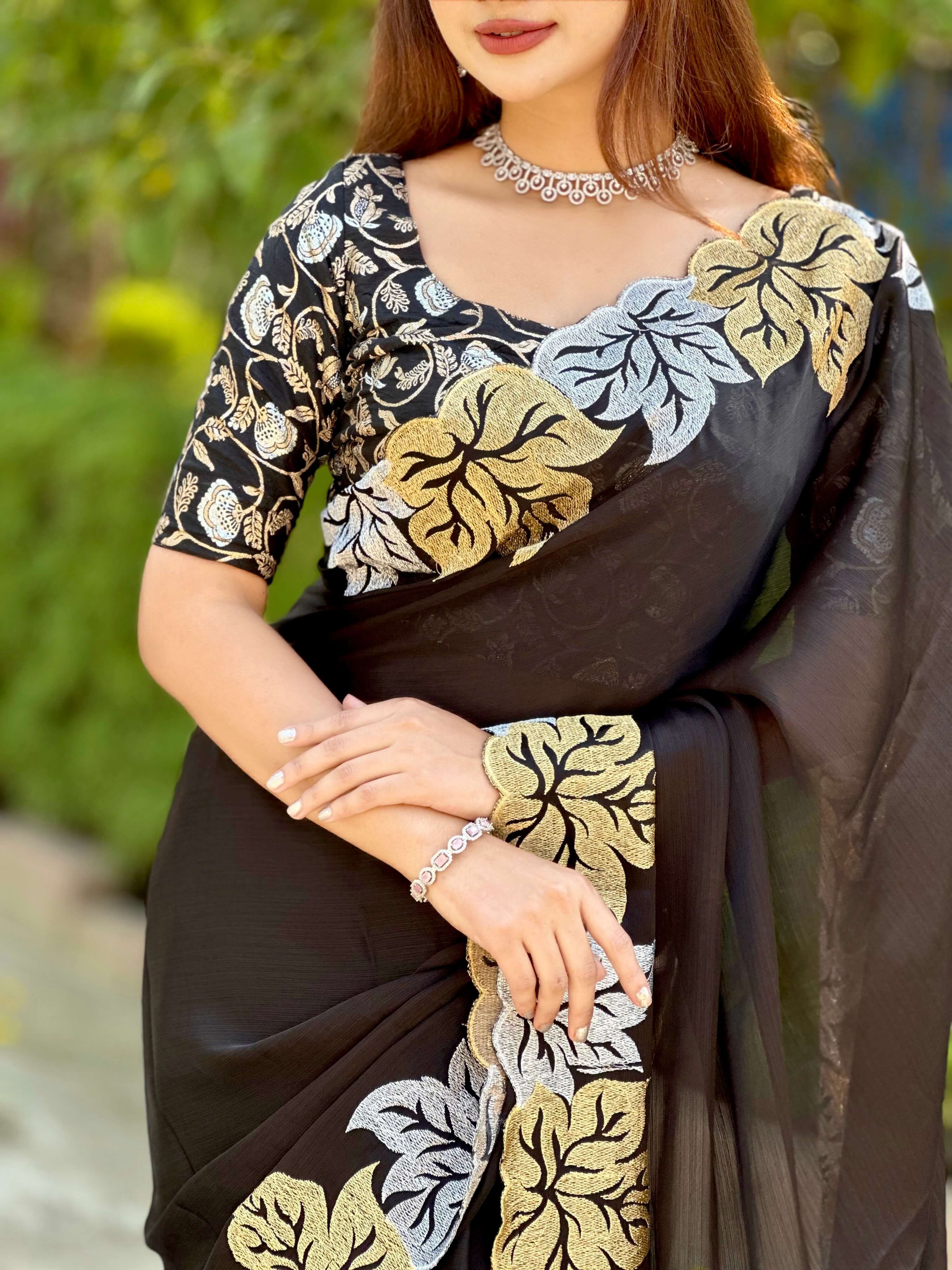 Soft Sartin Chiffon Enbroidery Saree