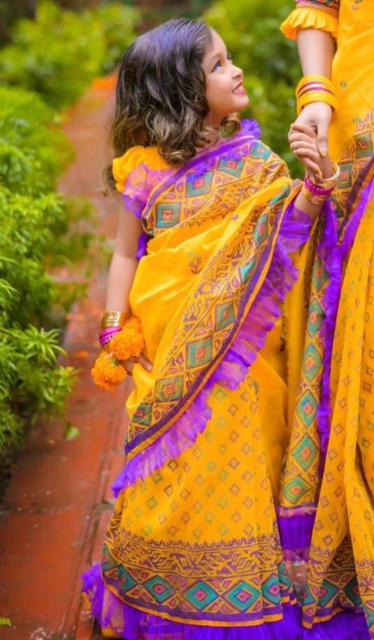 বাচ্চাদের হাফ সিল্ক ব্লক প্রিন্ট শাড়ী