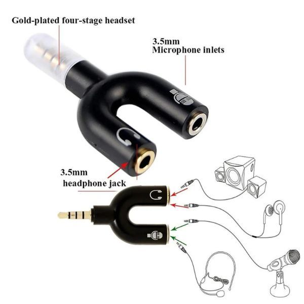 U-Shape Converter- 3.5mm Audio Splitter For Headphone and Microphone- Black