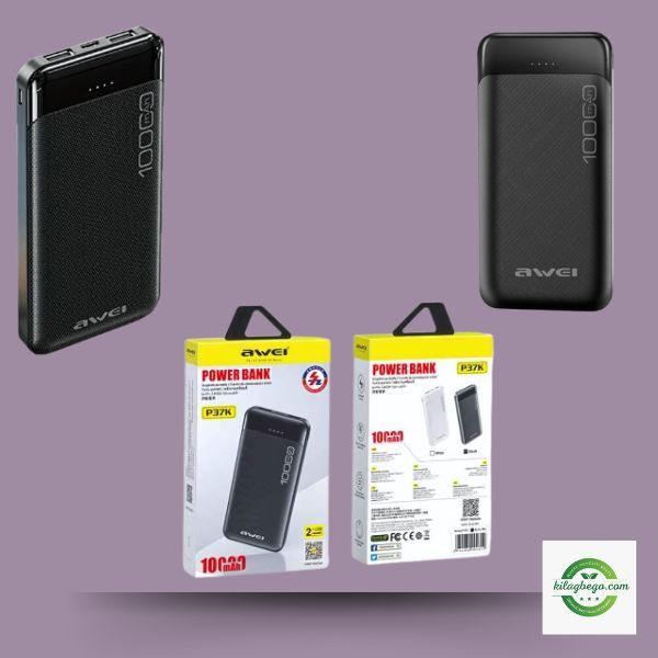 Awei P37K 10000mAh Fast Charging Power Bank- Black Color