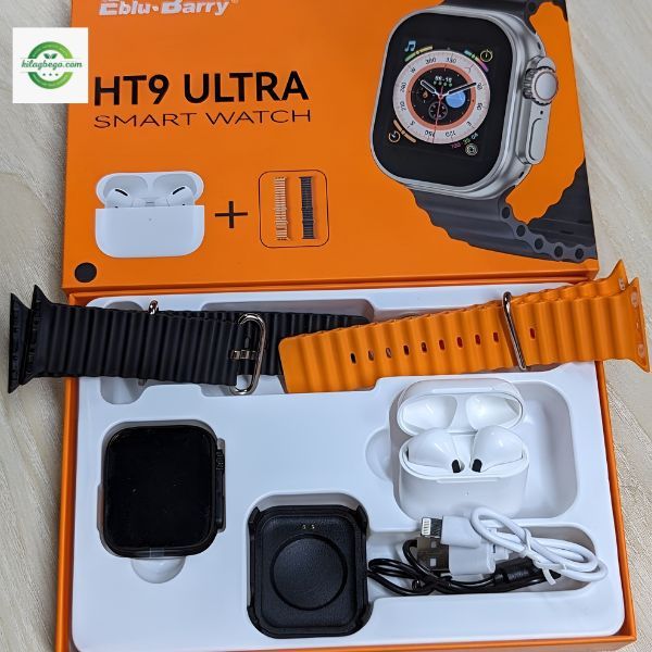 HT9 Ultra Smart Watch + TWS Combo with Double Strap- Black Color