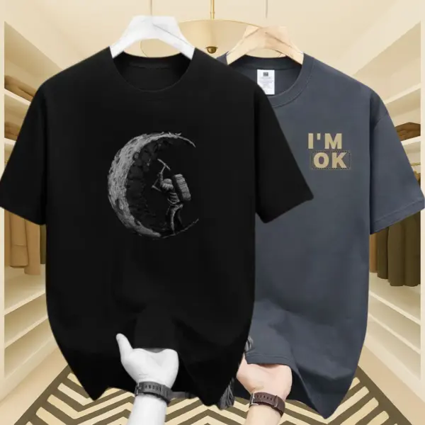 Men’s Premium Moon & I AM Ok Drop Shoulder T-Shirt 2 Pcs Combo (Black & Gray Tone)