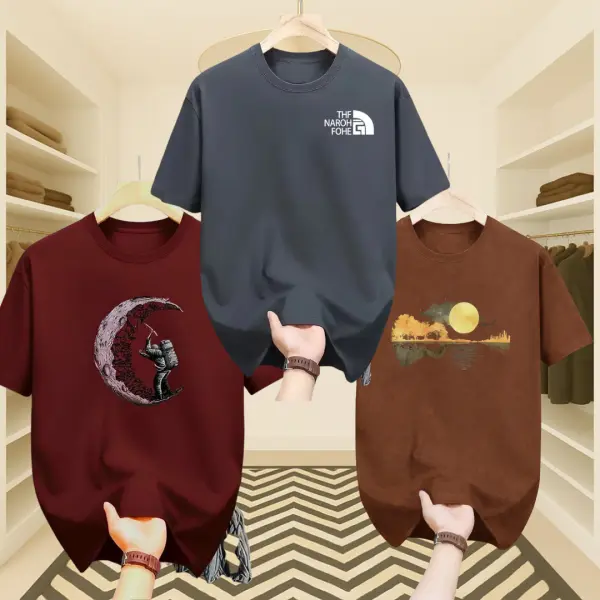 3 Pcs Men’s Premium Moon, The North Face & Forest Drop Shoulder T-Shirt Combo ( Grey, Brown & 1 Maroon)