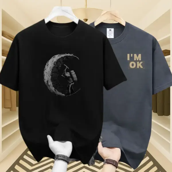 Men’s Premium Moon & I AM OK Drop Shoulder T-Shirt 2 Pcs Combo (Black & Gray Tone)