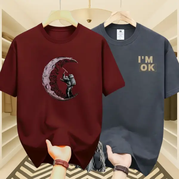 Men’s Premium Moon & I’M OK Drop Shoulder T-Shirt 2 Pcs Combo (Maroon & Dark Grey)