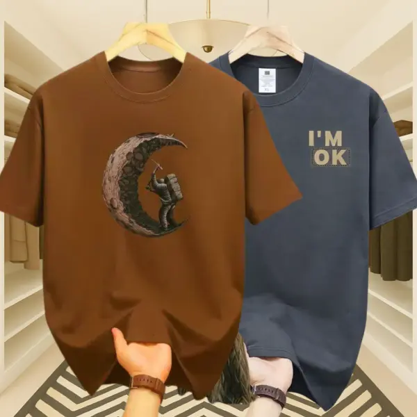 Men’s Premium Moon & I AM OK Drop Shoulder T-Shirt 2 Pcs Combo (Coffee Brown & Gray tone)