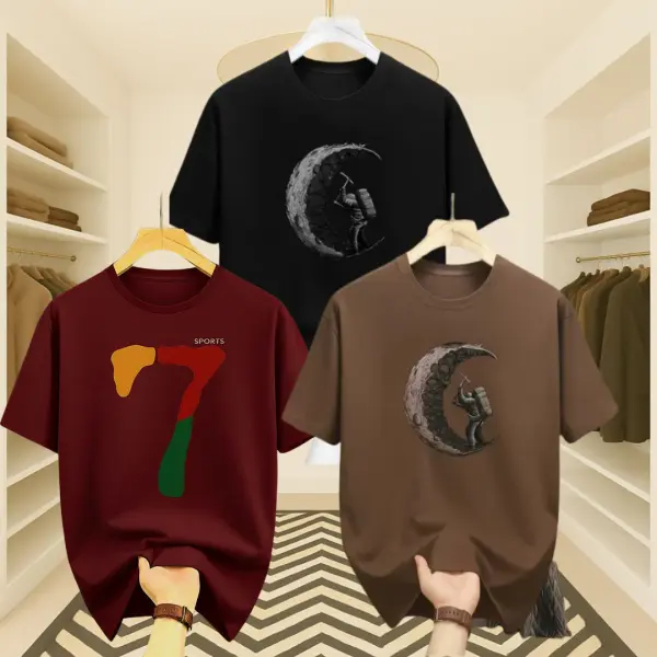 3 Pcs Men’s Premium Moon & Maroon 7 Drop Shoulder T-Shirt Combo (Black, Maroon & Brown)