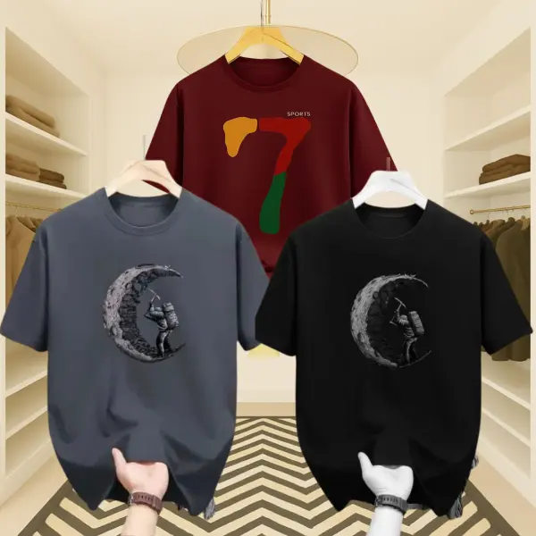 3 Pcs Men’s Premium Maroon 7 & Moon Series Drop Shoulder T-Shirt Combo (Maroon, Grey & Black)