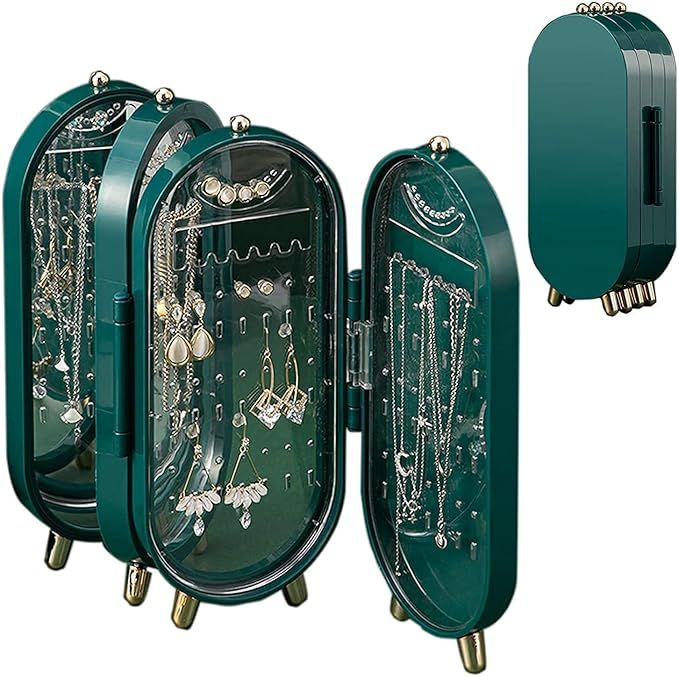 Jewelry organizer folding casket display mirror stand green