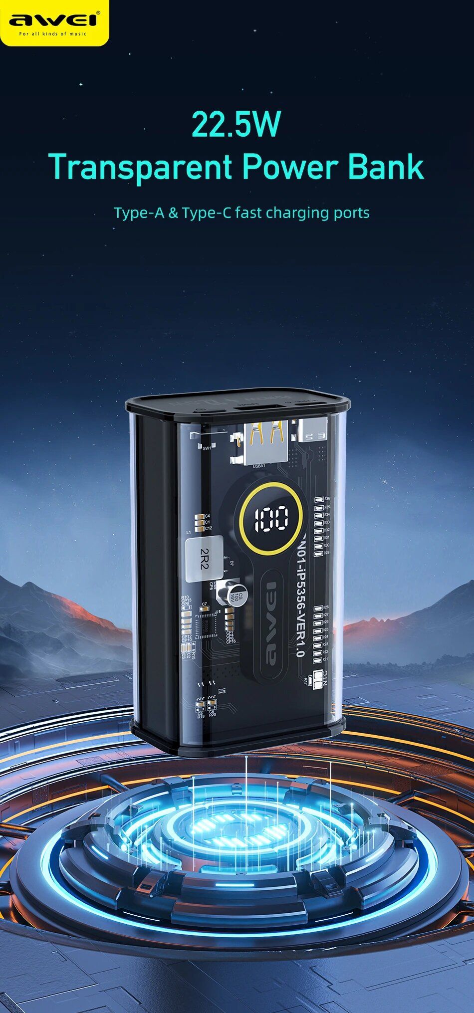 Awei P165K 10000mAh 22.5w Transparent Fast Charging Power bank
