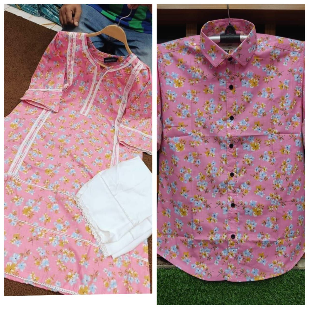 New Exclusive Couple Shirt and Salwar Kameez 2pc Pink with white Salwar