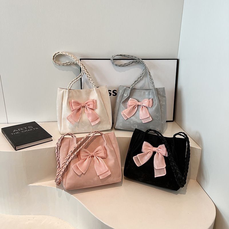 Fashion Solid Color Braided Lace Bow Large Capacity Shoulder Bag- N312