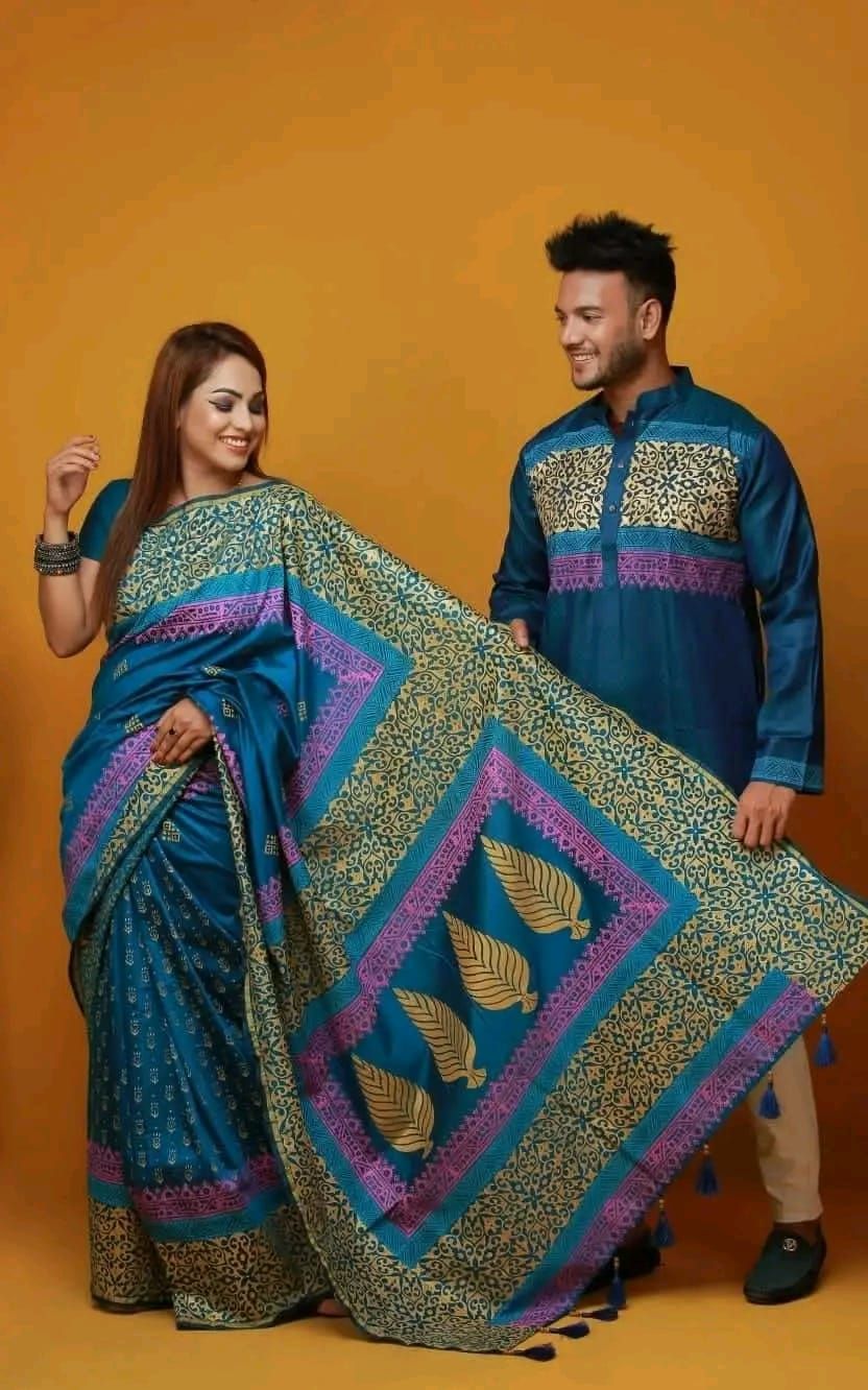 Block print saree with panjabi BlueAfsan