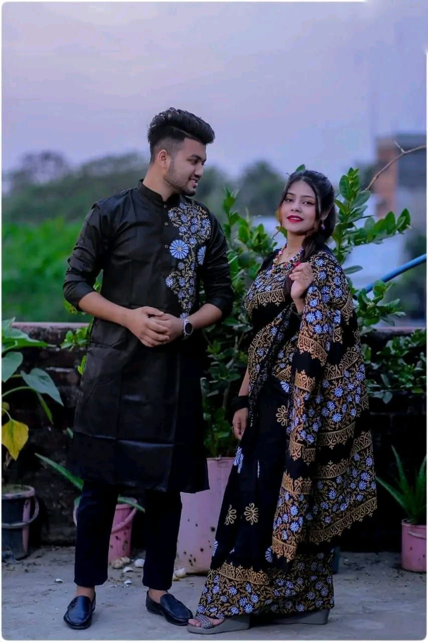 Block print saree with panjabi BlueAfsan