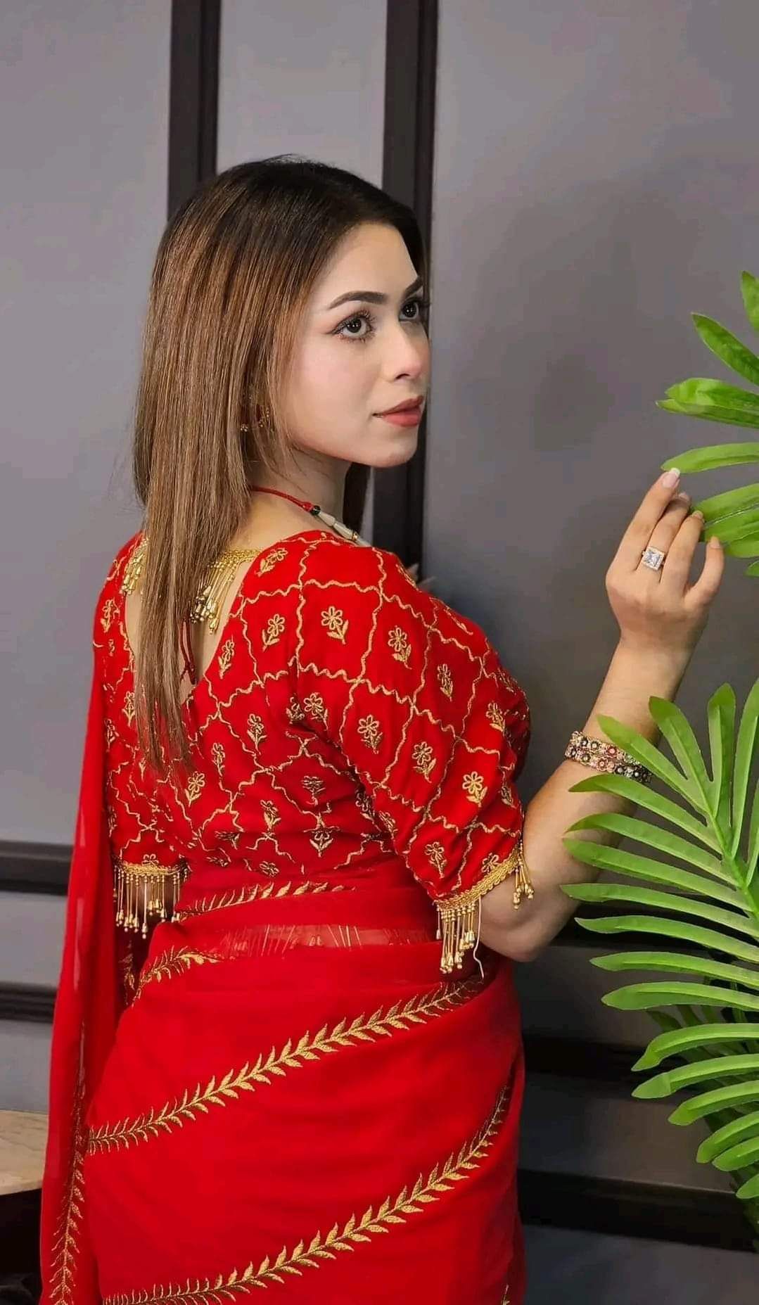 নিউ এম্ব্রয়ডারি জর্জেট শাড়ী উইথ বেলাউজ পিক্স জ্যাম কোলোর এম্ব্রয়ডারি