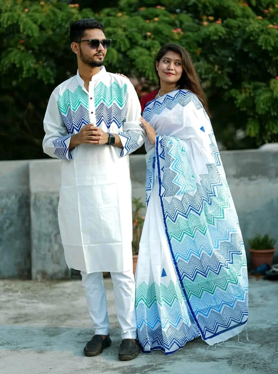 Block print saree with panjabi BlueAfsan