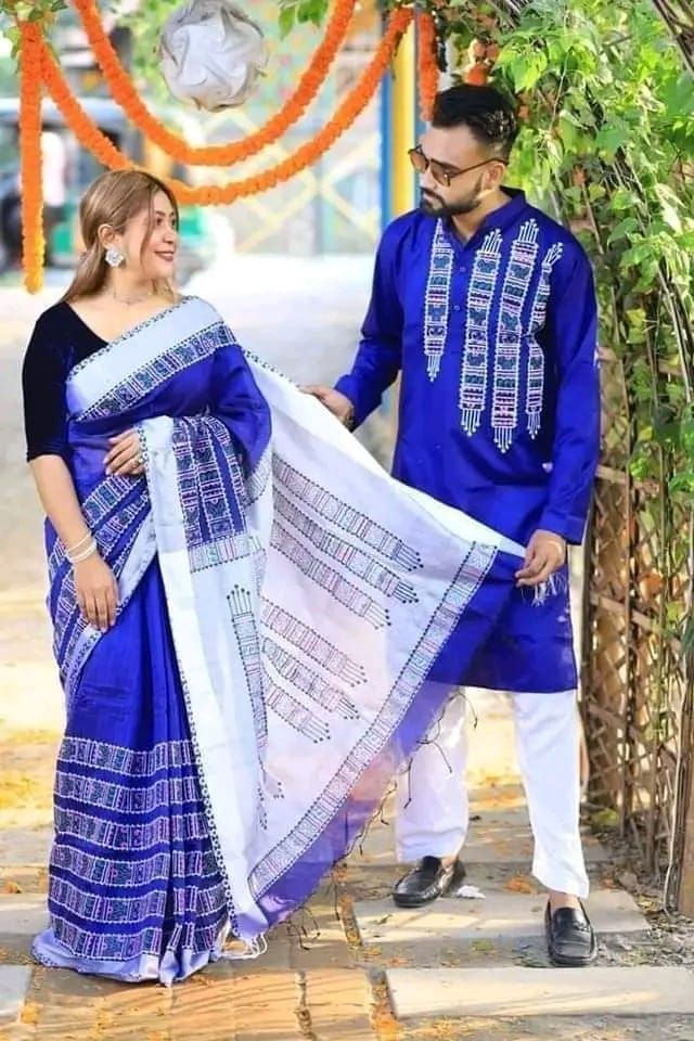 Block print saree with panjabi BlueAfsan