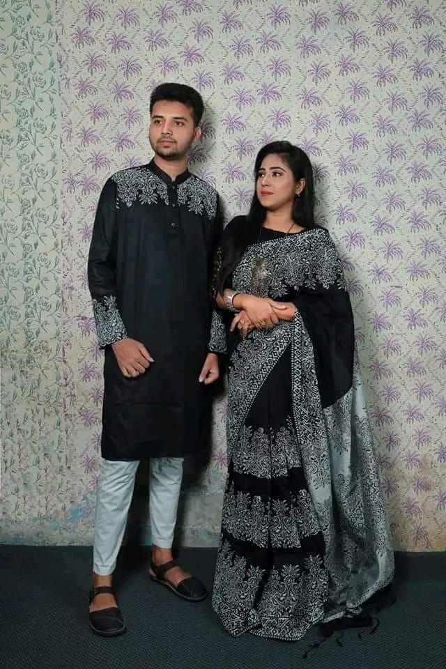 Block print saree with panjabi BlueAfsan