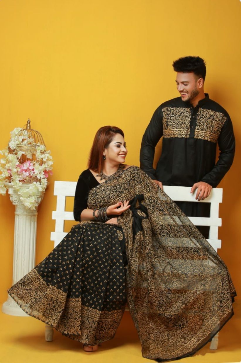 Block print saree with panjabi BlueAfsan