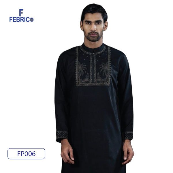 Premium Arabic Design Bambo Cotton Embroidered Zipper Black Punjabi for Men