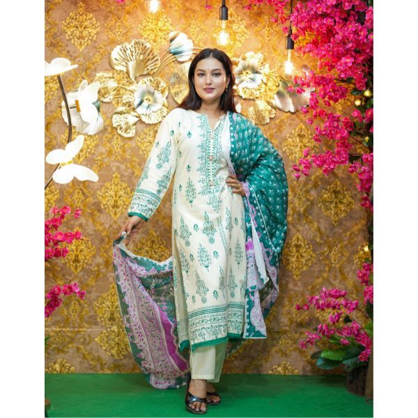 ক্রিম-গ্রিন এমব্রয়ডারি কটন থ্রি-পিস | Elite Elegance