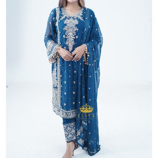 Embroidered Georgette Three-Piece | Elite Elegance