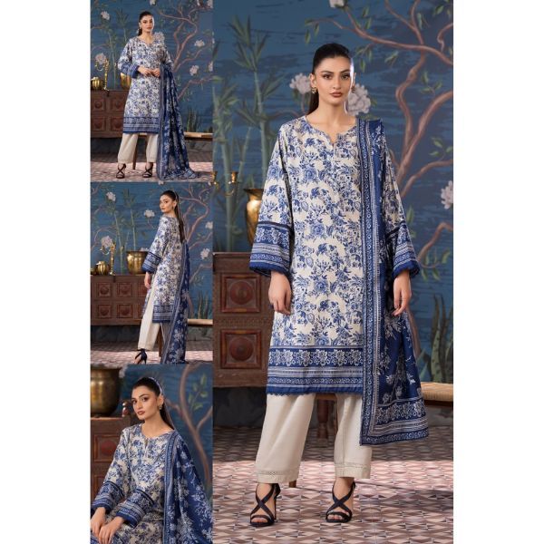 Printed Blue & White Cotton Three-Piece | Elite Elegance