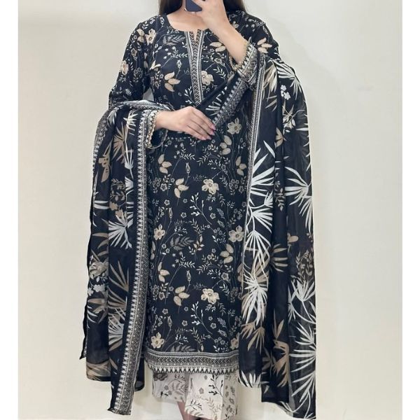Printed Black & Cream Cotton Three-Piece with 5-Haat Orna | Elite Elegance