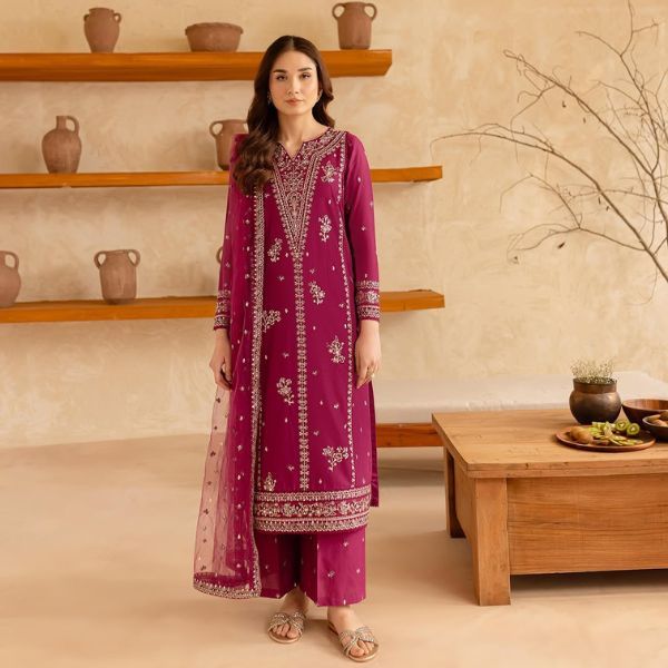 Premium Magenta Georgette Embroidered Three piece