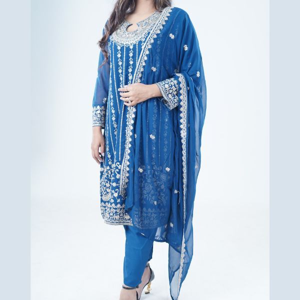 Royal Teal Pakistani Embroidered Georgette Three-Piece