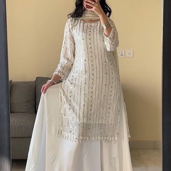 Special White & Black Georgette Embroidered Three-Piece with Palazzo Pant | Elite Elegance