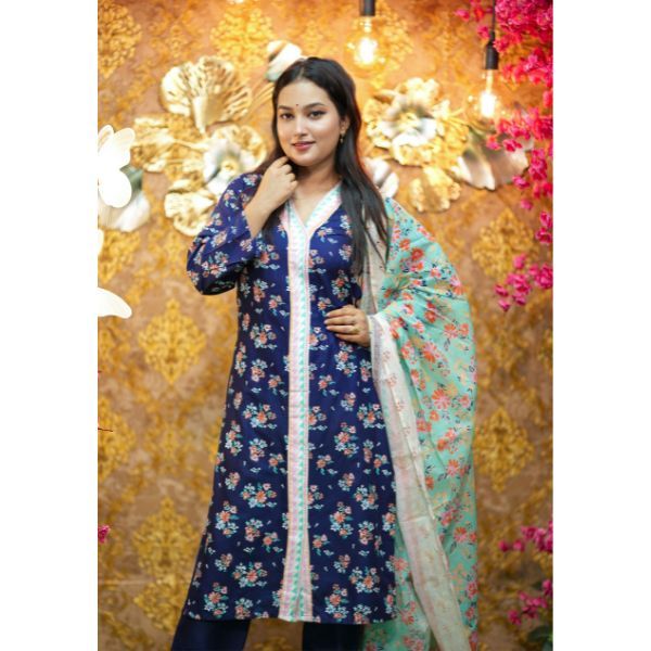Printed NavyBlue Cotton Three-Piece with 5-Haat Orna | Elite Elegance