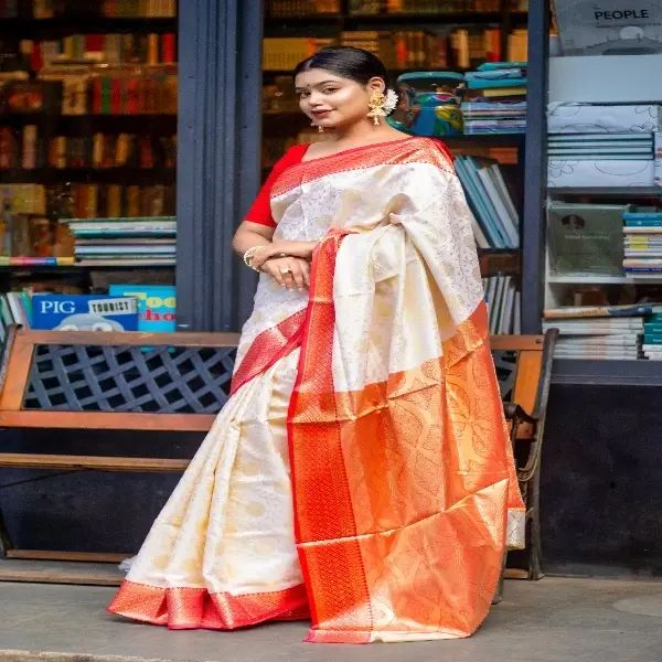 Whaite and Red Katan Saree সাদা লাল পাড় কাতান শাড়ি