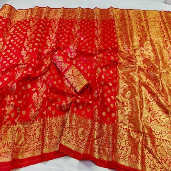 Red and Golden Katan Saree কাতান শাড়ি ম্যাচিং ব্লাউজ পিস সহ
