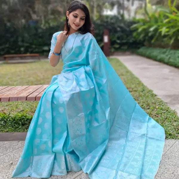 Sky Color Katan Saree আকাশি কালার কাতান শাড়ি ম্যাচিং ব্লাউজ পিস সহ