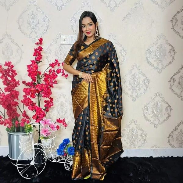 Black & Golden Premium Katan Saree কাতান শাড়ি