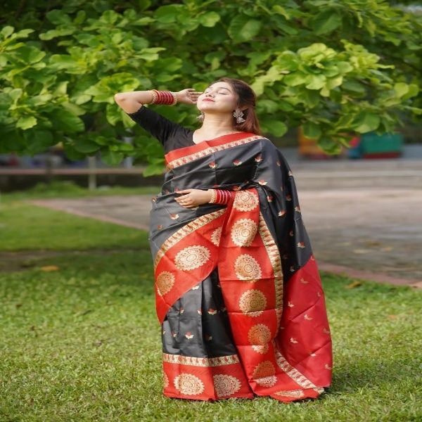 Black & Neon Red Katan Saree কাতান শাড়ি