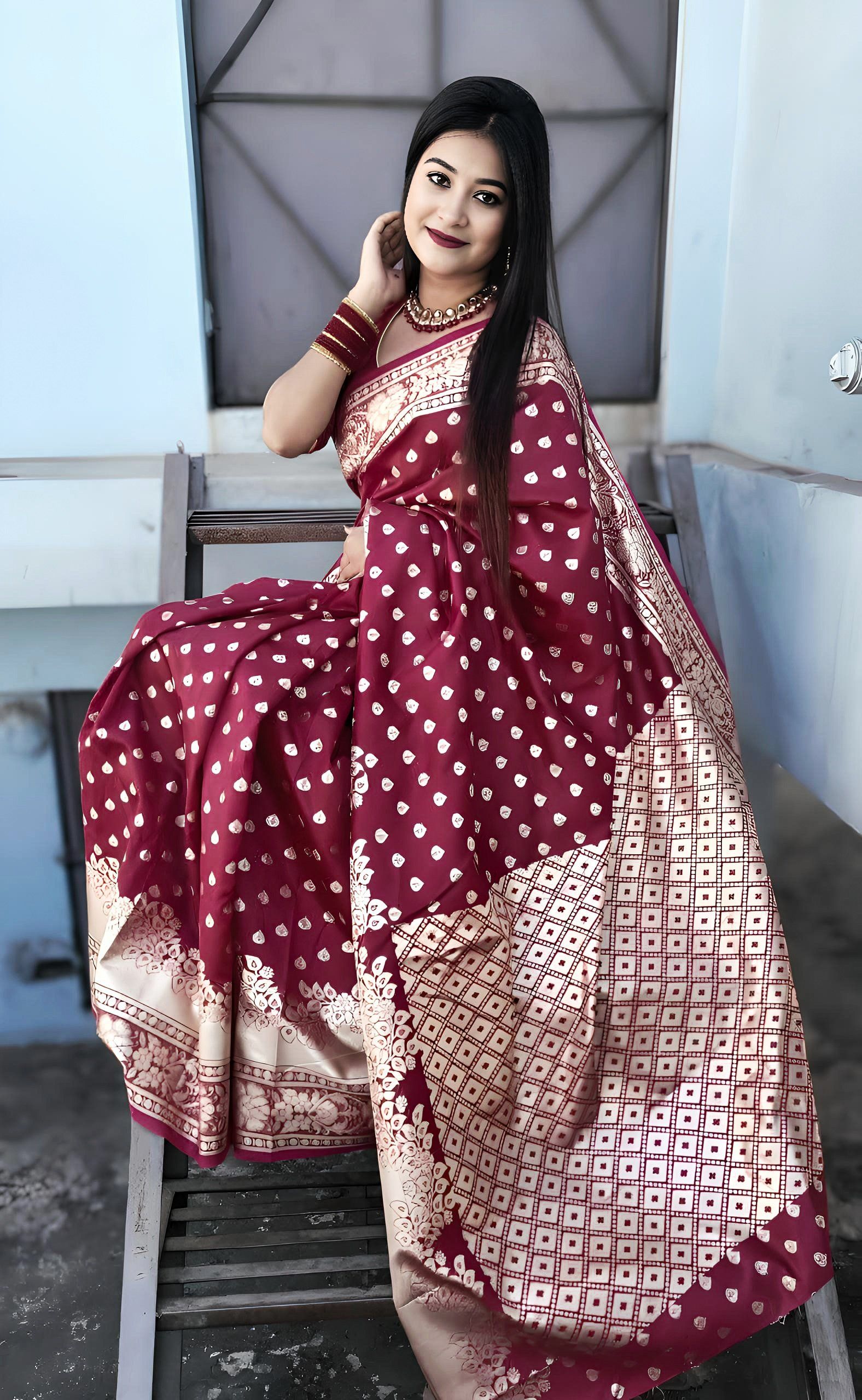 Maroon & Golden Premium Katan Saree কাতান শাড়ি