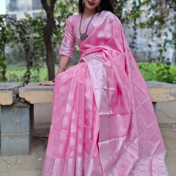 Baby Pink Katan Saree কাতান শাড়ি ম্যাচিং ব্লাউজ পিস সহ