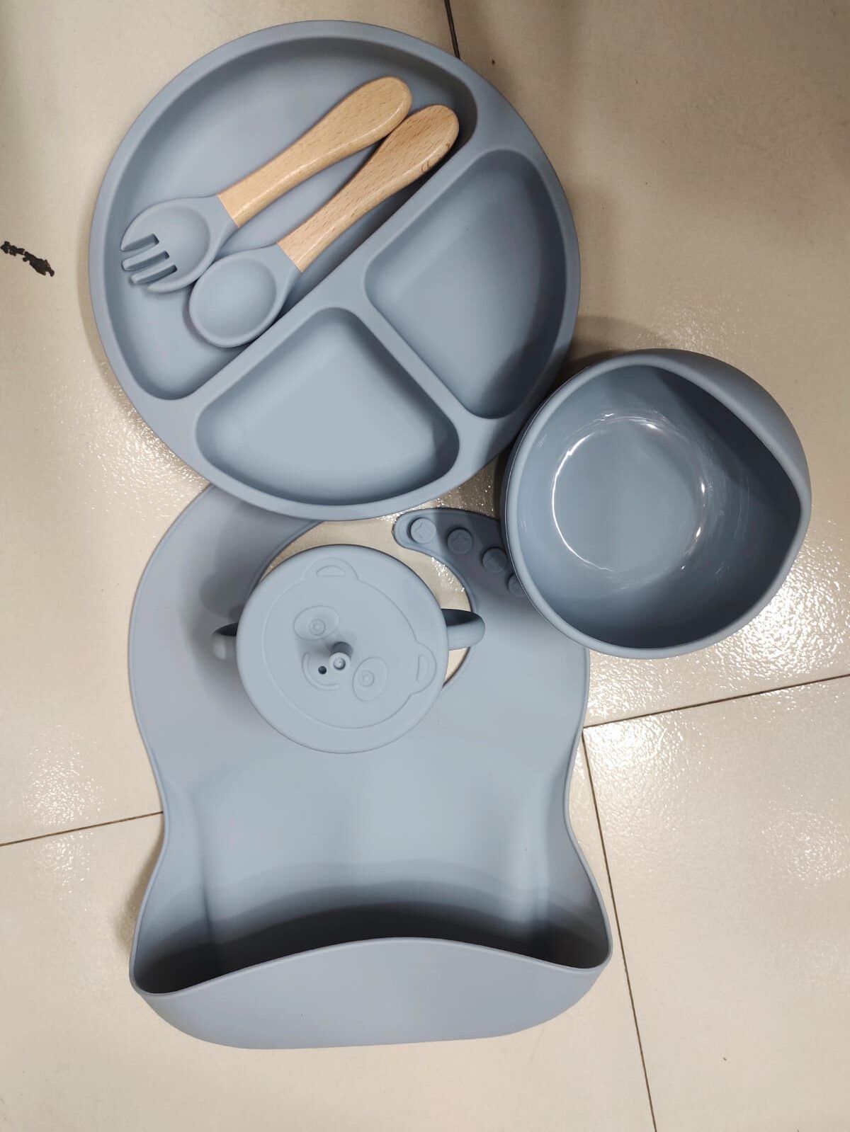 Silicon Toddler Kids Baby Feeding 6-piece set (bib + dinner plate + snail bowl + straw cup + silicone spoon and fork) (Any Color)