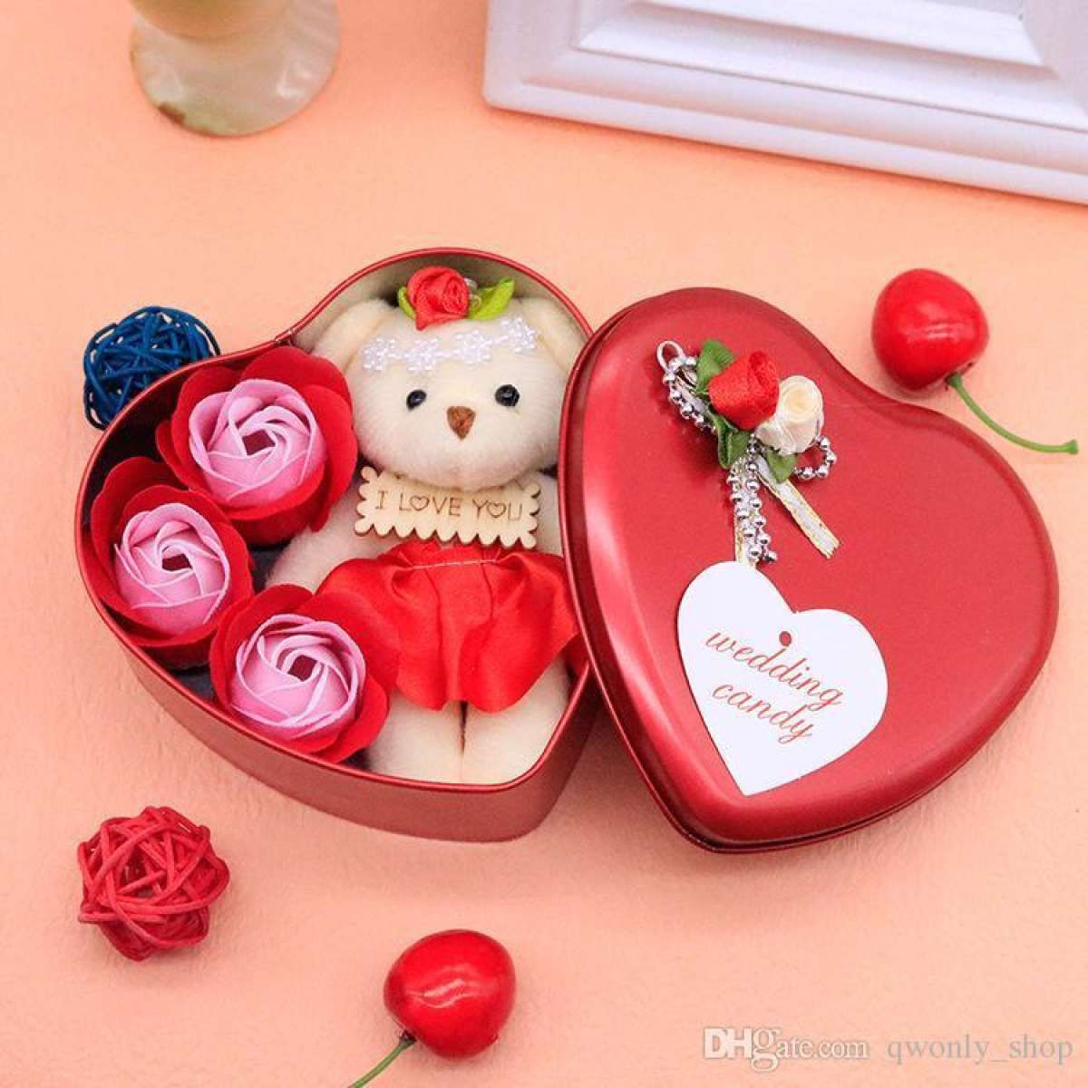 Heart-Shaped Box with Teddy and Roses Valentine Day Best Love Gift -1pcs (Any Color)