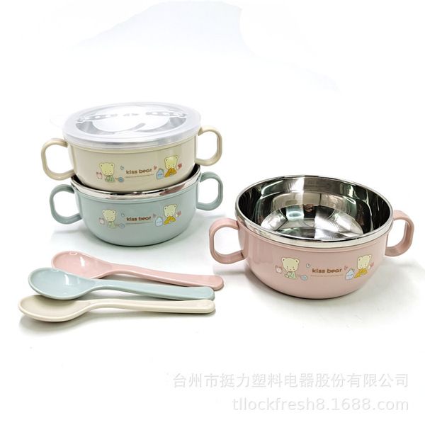 Baby Feeding Bowl with Lids Stainless Steel double-layered Insulated Bowl Spoon Set Children Tableware -1pcs (Any Color)