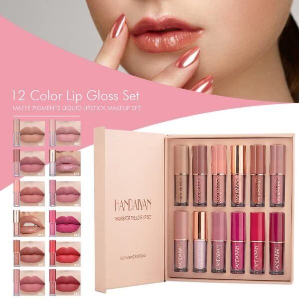 12Pcs/Box Handiyan Matte Liquid Lipstick + High Shine Transparent Clear Lip Gloss Makeup Set Waterproof Long-Lasting Lip Gloss