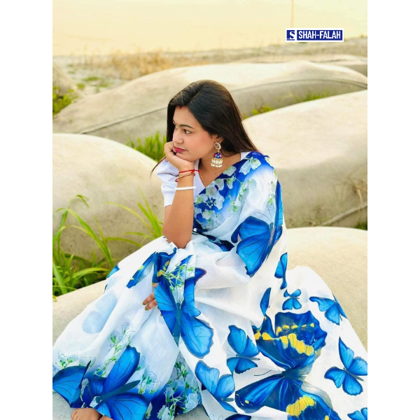 ✨ প্রিমিয়াম চান্দেরী সিল্ক ডিজিটাল প্রিন্ট শাড়ি ব্লাউজ পিস সহ