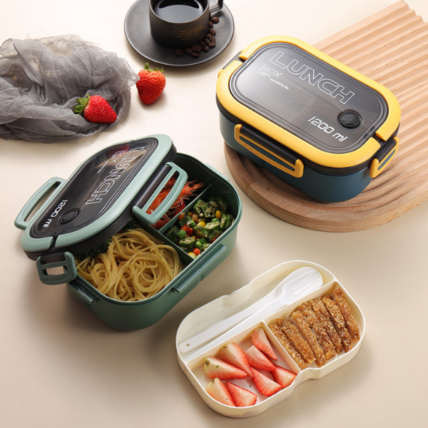 Double Layer Bento Box Portable Microwave Lunch Box with Spoon and Fork Fat Reduction Meal Compartment High Capacity Lunch Box