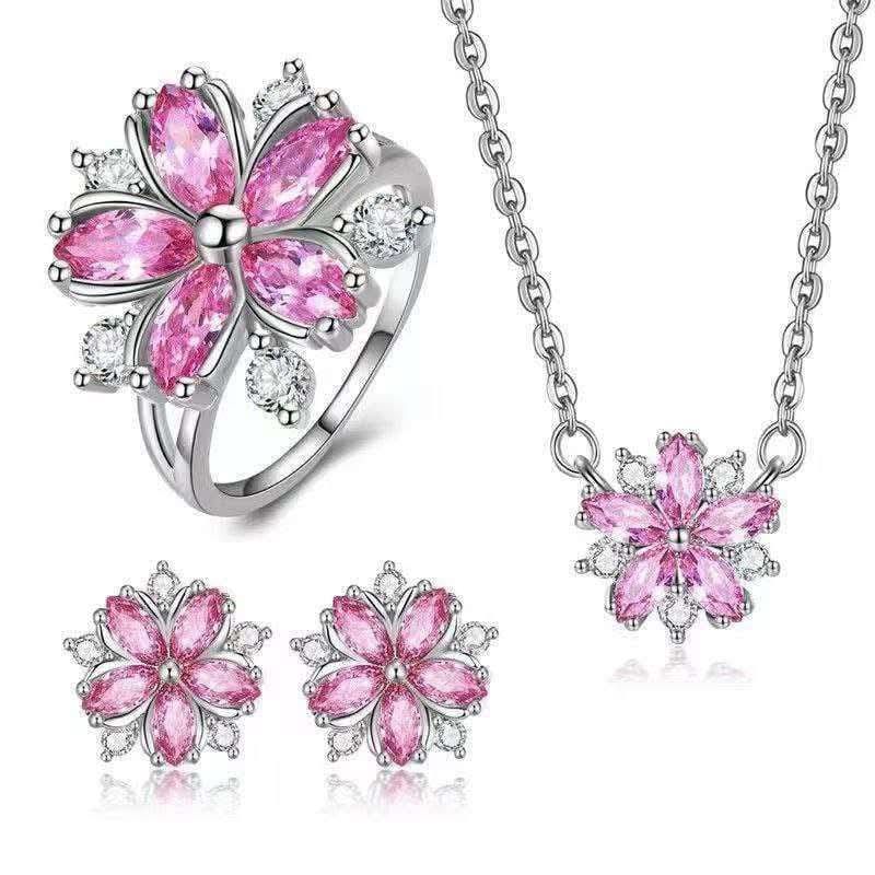 Romantic Cherry Blossom Set Copper Necklace Zircon Flower Pink Necklace Set