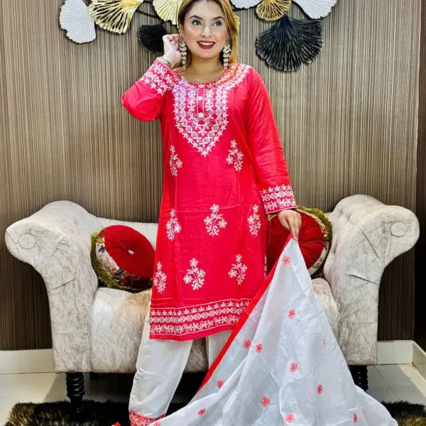 Embroidery Cotton Three Piece  চিকেনকারি নেকলেস ডিজাইনের এমব্রয়ডারি কাজ করা থ্রি-পিস কালেকশন।।